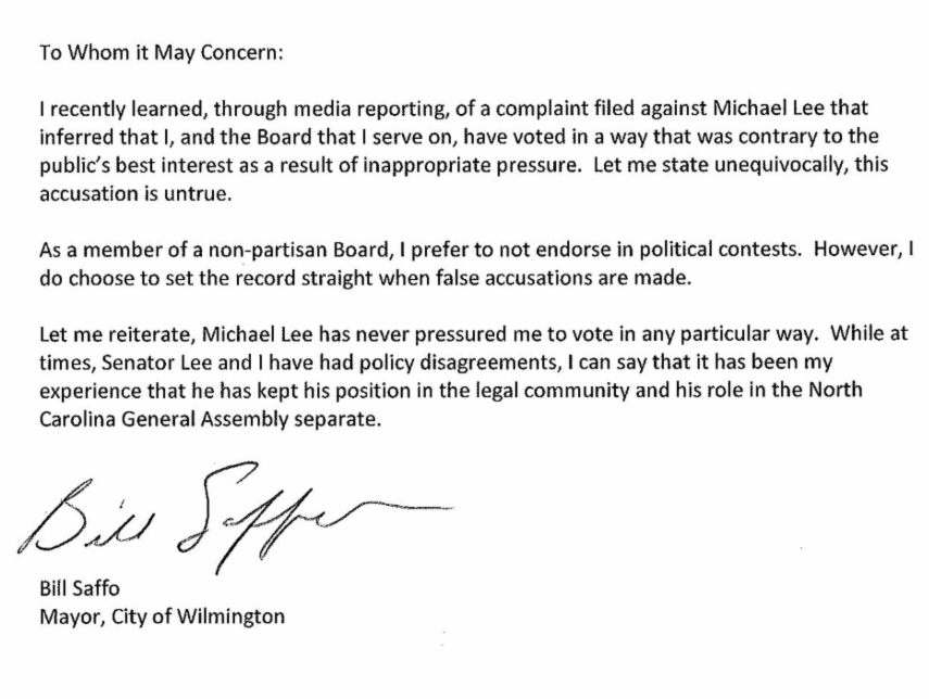 Letter from Wilmington Mayor Bill Saffo on accusation against Sen. Michael Lee